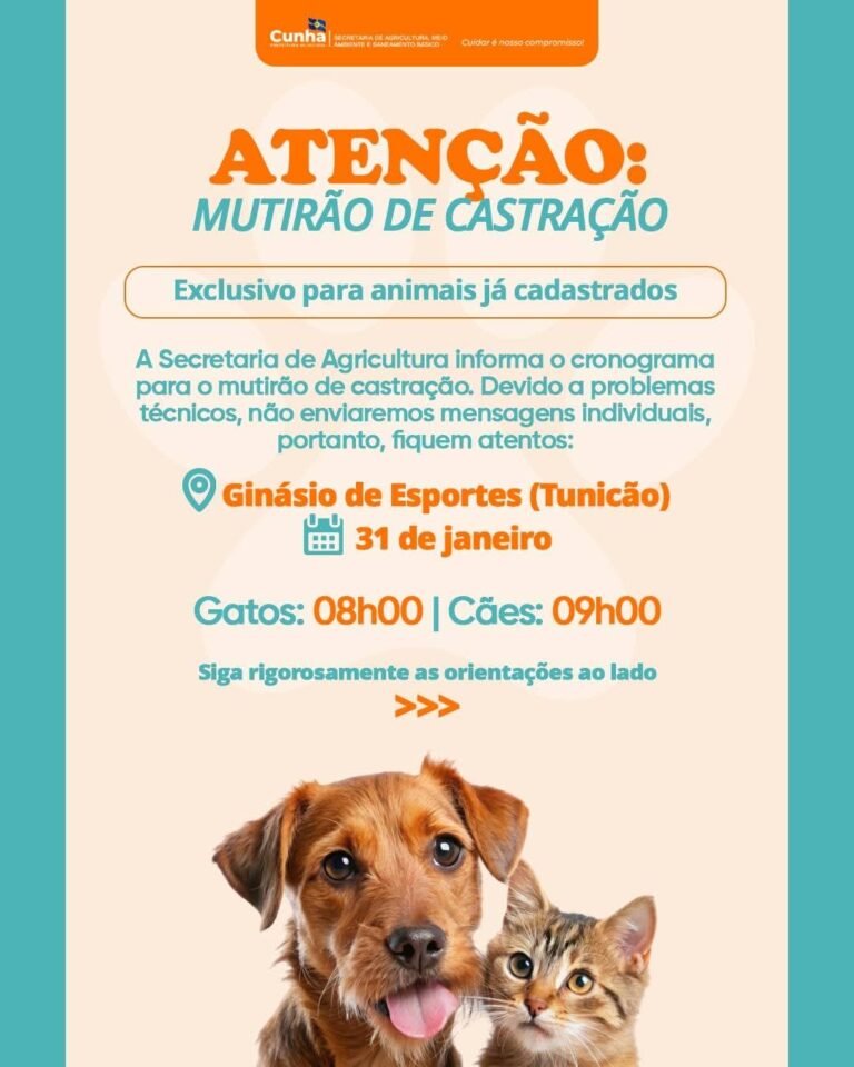 Prefeitura de Cunha Confirma Mutirão de Castração para o Dia 31 de Janeiro