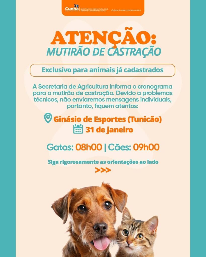 Prefeitura de Cunha Confirma Mutirão de Castração para o Dia 31 de Janeiro