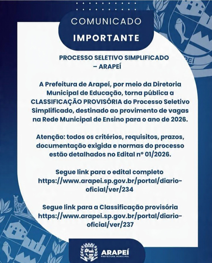 Prefeitura de Arapeí Divulga Classificação Provisória de Processo Seletivo para Educação